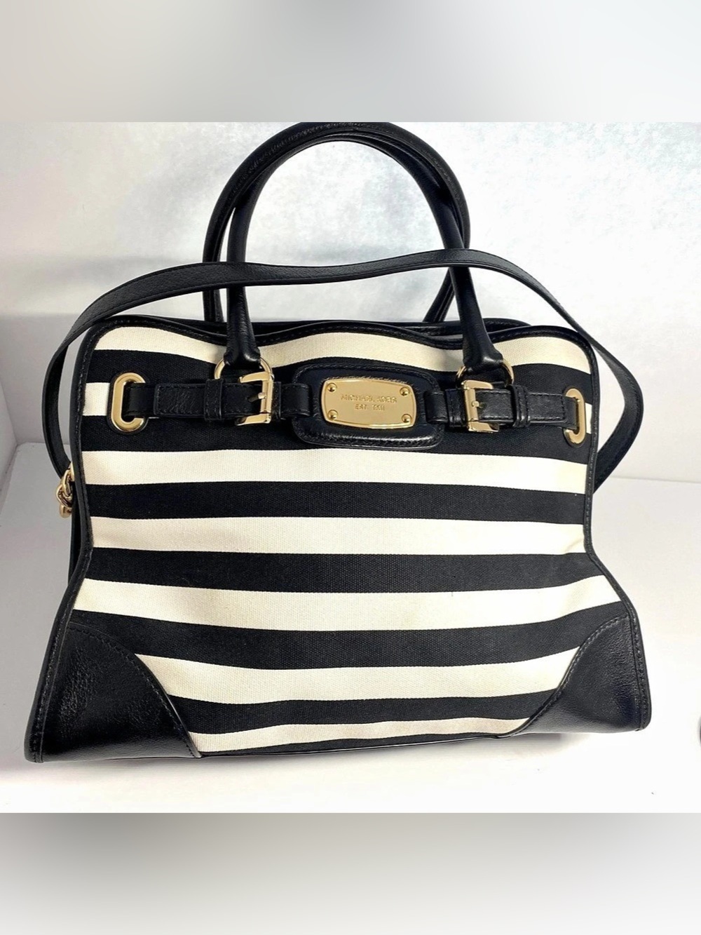 Michael Kors Hamilton Striped Canvas Large Satchel Black & White